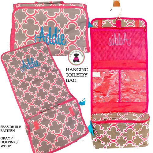 Monogrammed  Hanging Cosmetic / Toiletry Bag-  Gray/Hot Pink/White Seaside Tile- FREE SHIPPING/Travel Gift/Grad Gift/Bat Mitzvah/Girl Travel Bag /Hanging Toiletry for Travel/Bridesmaid Gift  / Flower Girl Gift 