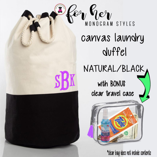 FOR HER Monogrammed Canvas Deluxe Laundry Drawstring Duffel-Natural/BLACK  /Free Ship/Ladies' Travel /Grad Gift/Gift for Her/Laundry Bag