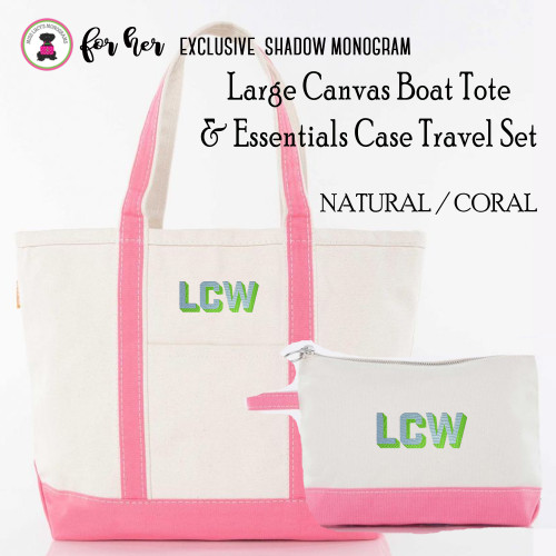 FOR HER Large Natural/Coral Boat Tote & Essentials Case Travel Set w Shadow Monogram-FREE SHIP/Grad Gift/Bridesmaid Gift/ Bride Gift/Mom Gift/Teacher