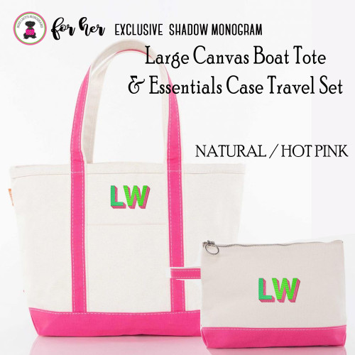 FOR HER Large Natural/Hot Pink Boat Tote & Essentials Case Travel Set w Shadow Monogram-FREE SHIP/Grad Gift/Bridesmaid Gift/ Bride Gift/Mom Gift/Teacher