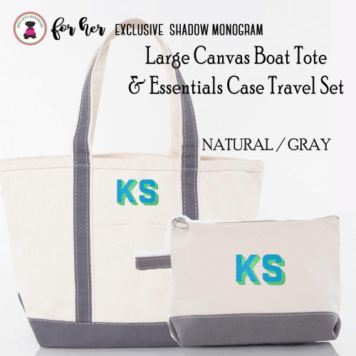FOR HER Large Natural/Gray Boat Tote & Essentials Case Travel Set w Shadow Monogram-FREE SHIP/Grad Gift/Bridesmaid Gift/ Bride Gift/Mom Gift/Teacher