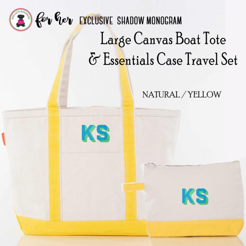 FOR HER Large Natural/Yellow Boat Tote & Essentials Case Travel Set w Shadow Monogram-FREE SHIP/Grad Gift/Bridesmaid Gift/ Bride Gift/Mom Gift/Teacher