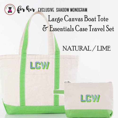 FOR HER Large Natural/Lime Boat Tote & Essentials Case Travel Set w Shadow Monogram-FREE SHIP/Grad Gift/Bridesmaid Gift/ Bride Gift/Mom Gift/Teacher