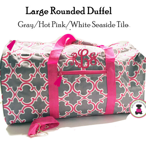 FOR HER Monogrammed Large Canvas Rounded Duffle -Gray/Hot Pink/White Seaside Tile- FREE SHIP/Tween Gift/Grad Gift/ Travel Set/Gift for Her/Dance Bag/Cheer Gift/Bar Mitzvah Gift/Flower Girl Gift 
