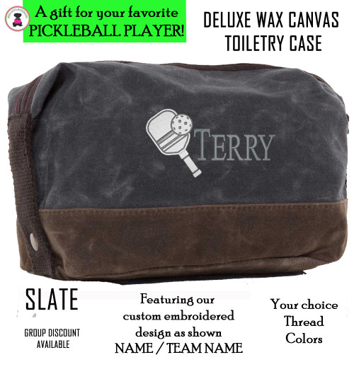 Pickleball Custom Design FOR HIM -Name - Deluxe Waxed Canvas Dopp Kit / Toiletry Case- Slate - Free Ship-Pickleball Team Gift/Pickleball Player Gift