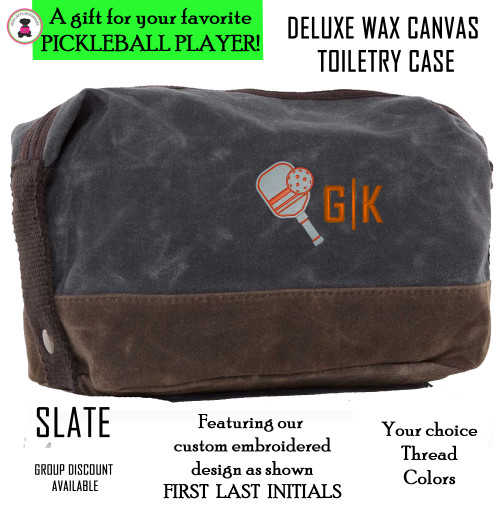 Pickleball Custom Design FOR HIM -First/Last Initial - Deluxe Waxed Canvas Dopp Kit / Toiletry Case- Slate - Free Ship-Pickleball Team Gift/Pickleball Player Gift