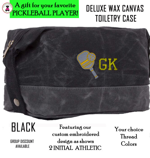 Pickleball Custom Design FOR HIM - 2 Initial Athletic - Deluxe Waxed Canvas Dopp Kit / Toiletry Case- Black - Free Ship-Pickleball Team Gift/Pickleball Player Gift