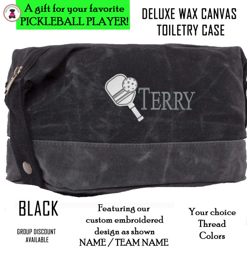  Pickleball Custom Design FOR HIM -Name - Deluxe Waxed Canvas Dopp Kit / Toiletry Case- Black - Free Ship-Pickleball Team Gift/Pickleball Player Gift