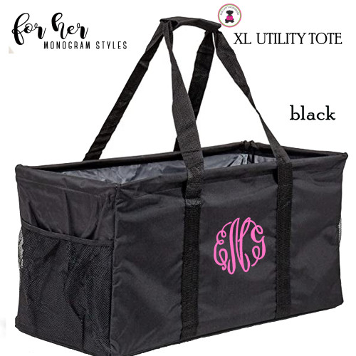 FOR HER Monogrammed XL Utility Tote / Trunk Organizer - Black - Folds Flat / FREE SHIP/Bride Gift/Grocery Tote /Grad Gift/Picnic Tote/Beach Tote/Car organizer/Tailgate Tote