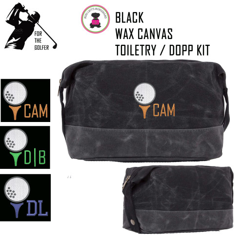For the Golfer  Monogrammed Large Waxed Canvas Toiletry Case with Golf Design1 -Black-FREE SHIP-Groomsmen Gift/Father's Day Gift/Grad Gift/Gift for Him/Group Discount/Golfer Gift/Golf Team Gift 