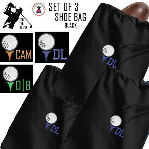 For the Golfer - Monogrammed Set of 3 Shoe Bags for Travel with Golf Design 1  - Black - FREE SHIP / Men's Travel /Men's Shoe Bag/Groomsmen Gift /Father's Day Gift/Grad Gift/Golfer Gift/Golf Team Gift