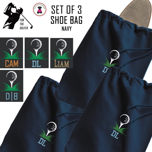 For the Golfer - Monogrammed Set of 3 Shoe Bags for Travel with Golf Design2  - Navy - FREE SHIP / Men's Travel /Men's Shoe Bag/Groomsmen Gift /Father's Day Gift/Grad Gift/Golfer Gift/Golf Team Gift
