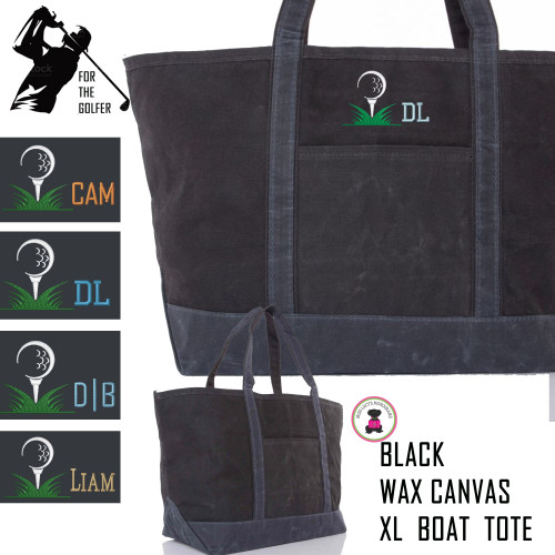 For the Golfer -Large Waxed Canvas Deluxe Boat Tote with Golf Design 2 - Black  - FREE SHIP -Groomsmen Gift/Father's Day Gift/Grad Gift/Gift for Him/Group Discount /Golf Trip/Golfer Gift/
