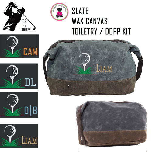 For the Golfer  Monogrammed Large Waxed Canvas Toiletry Case with Golf Design 2 -Slate -FREE SHIP-Groomsmen Gift/Father's Day Gift/Grad Gift/Gift for Him/Group Discount/Golfer Gift/Golf Team Gift 