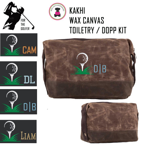 For the Golfer  Monogrammed Large Waxed Canvas Toiletry Case with Golf Design 2 -Kakhi -FREE SHIP-Groomsmen Gift/Father's Day Gift/Grad Gift/Gift for Him/Group Discount/Golfer Gift/Golf Team Gift 