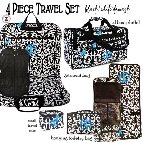  FOR HER Monogrammed 4 Piece Travel Set with Boxy Duffel - Black/White Damask- FREE SHIP / ladies' Travel Set/Gift for Her/Bridesmaid Gift/Flower Girl Gift/Dancer Gift/Grad Gift