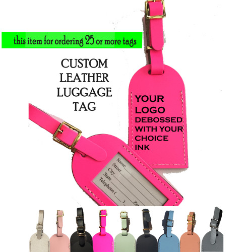 Custom Logo Debossed on LEATHER LUGGAGE TAG - Large Event Group Gift 25+ -Free Ship-Group Discount/ Event Gift/Bridesmaid Gift/Wedding Favor/Sorority Gift/Travel Gift/Corporate Gift 
