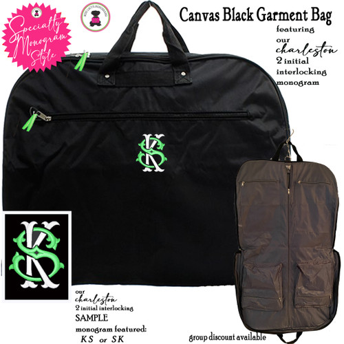 Garment Bag FOR HER with CHARLESTON Specialty Monogram-Canvas Bag-Black-Free Ship.Group Travel Gift.Bridesmaid Gift.Grad Gift.Cheer Bag. Dancer Garment Bag