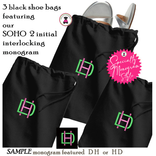 Shoe Bag Set of 3 FOR HER w SOHO Specialty Monogram-Black-Free Ship.Group Gift.Bridesmaid Grad Gift.Cheer Gift.Dancer Bag.Shoe Organizer
