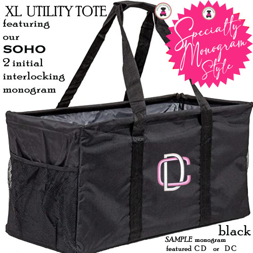  Carry It All Tote/xl Trunk Organizer-Black w Specialty SOHO Monogram-Free Ship.Grocery.Tailgate tote.Car Bag.Sports.Hospital.Teacher Gift