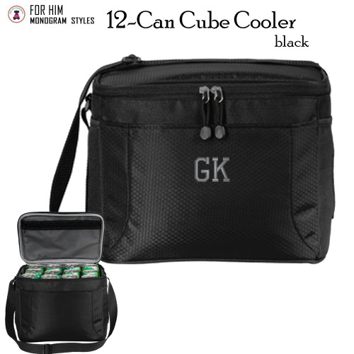 12 Can Cooler Lunch Tote w FOR HIM 2 Initial Athletic Font Monogram-Black-Free Ship-Groomsmen Gift.Boat Cooler.Teacher Cooler.Coach Gift.Golfer Travel Lunch Cooler