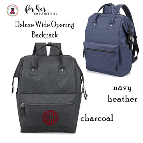 FOR HER Monogrammed Deluxe Wide Opening Backpack-Charcoal or Navy Heather-Free Ship/Grad Gift/Business/Corporate/Teacher/Diaper Bag