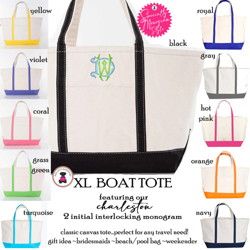 XL Boat Tote w CHARLESTON Specialty Monogram-Free Ship.Bridesmaid Tote.Boat Tote.Grad Gift.Mom Gift.Beach Tote.Weekender.Cruise Tote.Travel Tote