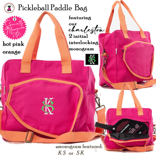 Pickleball Bag-FOR HER with Specialty CHARLESTON Monogram-Hot Pink/Orange Canvas-Free Ship.Grad Gift.Pickleball Player Gift.Pickleball Team Bag.Sport Gift.Pickleball Paddle Bag.