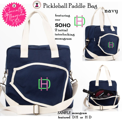 Pickleball Bag-FOR HER with Specialty SOHO Monogram-Navy Canvas-Free Ship.Grad Gift.Pickleball Player Gift.Pickleball Team Bag.Sport Gift.Pickleball Paddle Bag.