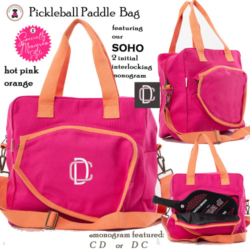 Pickleball Bag-FOR HER with Specialty SOHO Monogram-Hot Pink/Orange Canvas-Free Ship.Grad Gift.Pickleball Player Gift.Pickleball Team Bag.Sport Gift.Pickleball Paddle Bag.