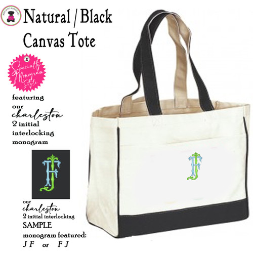 Large Canvas Tote w CHARLESTON Monogram-Natural/Black-Free Ship.Bridesmaid Tote.Day Tote.Grad Gift.Mom Gift.Beach Tote.Book Tote.Travel Tote