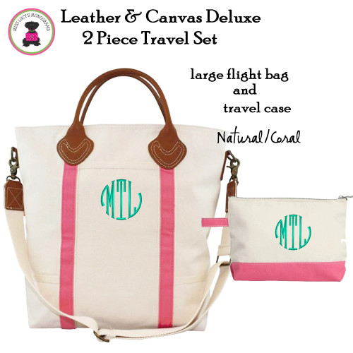 Travel Set w Monogram-2 Piece-Tote/Travel Case-Coral /Natural-Leather & Canvas-Free Ship.Tote Travel Set.Bridesmaid Gift.Grad Gift.Flight Bag
