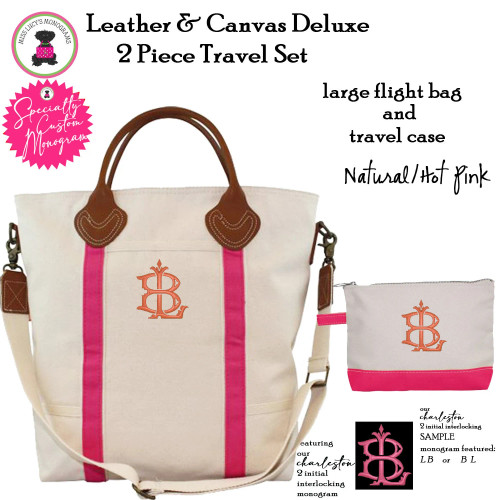 Flight Tote Set w CHARLESTON Monogram-Hot Pink/Natural-Leather & Canvas Tote Set-Free Ship.Tote Travel Set.Bridesmaid Gift.Grad Gift.Flight Bag