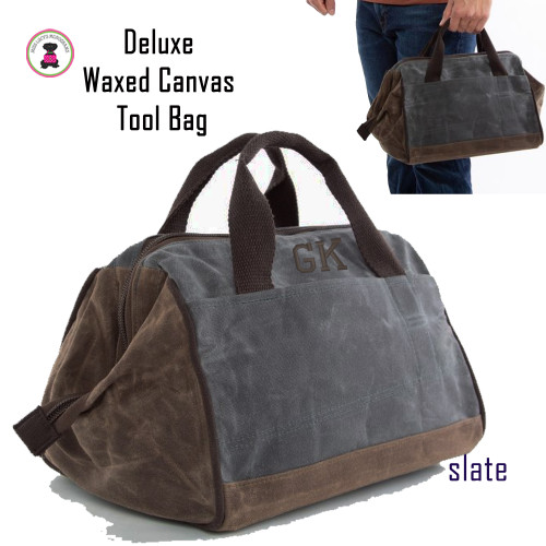 FOR HIM Monogrammed Deluxe Waxed Canvas Tool Bag-SLATE-Free Ship/Men's Tool Bag/Tools/Groomsmen Gift /Father's Day Gift/Grad Gift/Craft Bag/DIY Gift