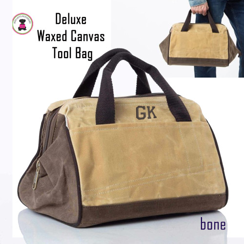 FOR HIM Monogrammed Deluxe Waxed Canvas Tool Bag- BONE -Free Ship/Men's Tool Bag/Tools/Groomsmen Gift /Father's Day Gift/Grad Gift/Craft Bag/DIY Gift