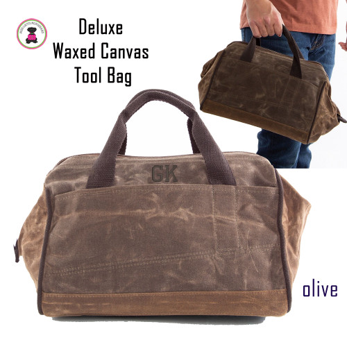 FOR HIM Monogrammed Deluxe Waxed Canvas Tool Bag- OLIVE -Free Ship/Men's Tool Bag/Tools/Groomsmen Gift /Father's Day Gift/Grad Gift/Craft Bag/DIY Gift