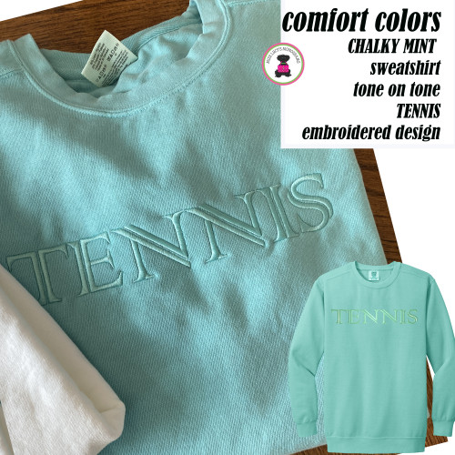 Comfort Colors Sweatshirt w Embroidered TENNIS Custom Design- CHALKY MINT -Free Ship.Grad Gift.Tennis Player Gift.Tennis team.Mom Gift.
