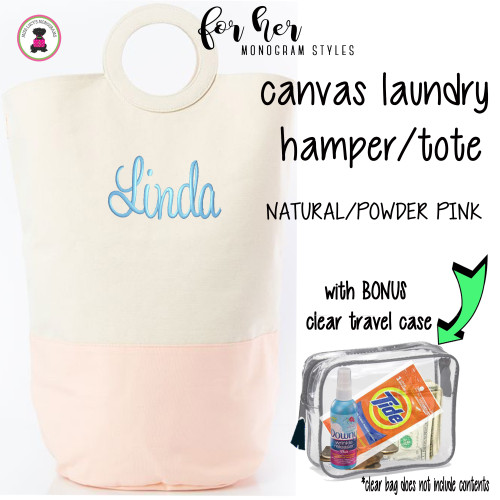 FOR HER Monogrammed Circle Handle Canvas Deluxe Laundry Bag -Natural/POWDER PINK /Free Ship/ Ladies' Travel / Grad Gift/ Gift for Her/ Dorm Life / Laundry Bag