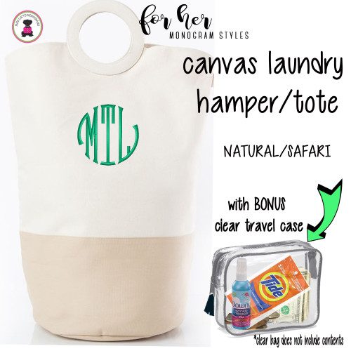 FOR HER Monogrammed Circle Handle Canvas Deluxe Laundry Bag -Natural/SAFARI  /Free Ship/ Ladies' Travel / Grad Gift/ Gift for Her/ Dorm Life / Laundry Bag