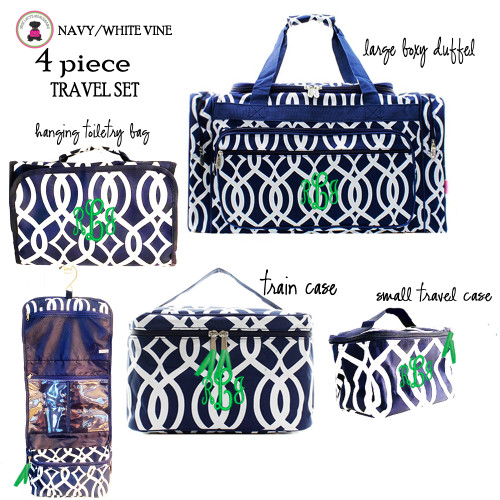 FOR HER Monogrammed 4 Piece Travel Set- Navy/White Vine-Free Ship.College Travel. Dancer Travel Set.Flower Girl Gift.Grad Gift.Cheer Travel Set.Bat Mitzvah Gift