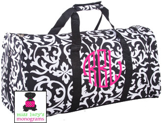 FOR HER Monogrammed Large Canvas Rounded Duffle - Damask - Black & White- FREE SHIP/Travel Duffel/Grad Gift/Tween/Dancer Duffel/Overnight Duffel