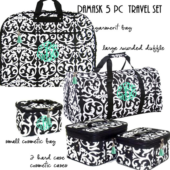 FOR HER Monogrammed  5 Piece Travel Set - Black and White Damask-FREE SHIP/Garment Bag and Duffel Travel Set/Gift for Her/Bridesmaid Gift/Grad Gift