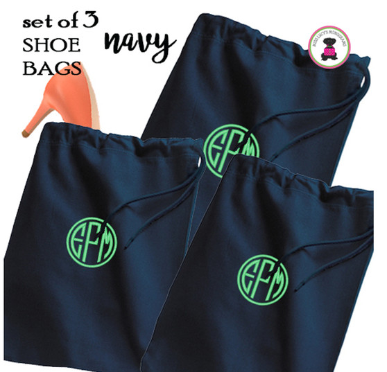 FOR HER Monogrammed Set of 3 Shoe Bags for Travel  - Navy - FREE SHIP /Bridesmaid Gift /Bride Gift /Grad Gift/Gift for Her/Bridesmaid Proposal Gift 