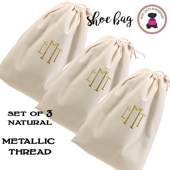 FOR HER METALLIC THREAD Monogrammed Set of 3 Shoe Bags for Travel  - Natural - FREE SHIP /Bridesmaid Gift/Travel Gift/Grad Gift/Gift for Her/Bridesmaid Proposal Gift/Bride Gift