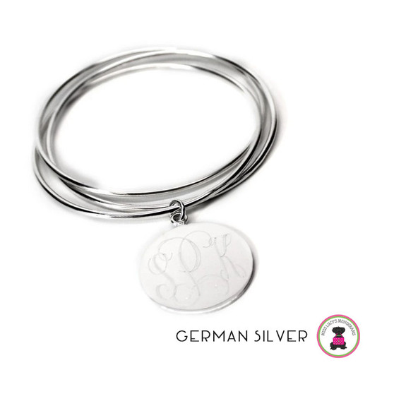 Engraved Monogrammed  GERMAN SILVER  Triple Bangle & Disc - FREE SHIP / Gift for Her / Bridesmaid Gift / Grad Gift / Mother's Day Gift