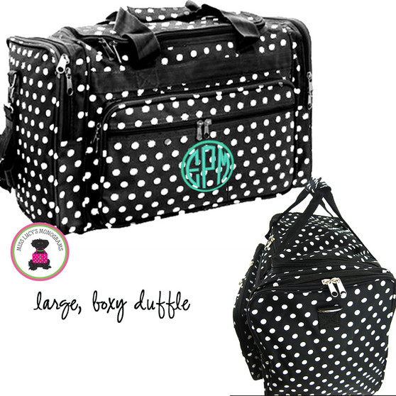 FOR HER Large Monogrammed Boxy Duffel - Black / White Polka Dot  - FREE SHIP/Gift for Her/Bridesmaid Gift/Flower Girl Gift/Dancer Gift/Grad Gift/Cheer Duffel