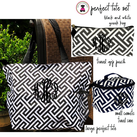 FOR HER Monogrammed Perfect Tote Travel Set - 3 Piece - Black / White Greek Key-FREE SHIP/ladies' Travel Set/Gift for Her/Bridesmaid Gift/Flower Girl Gift/Dancer Gift/Grad Gift