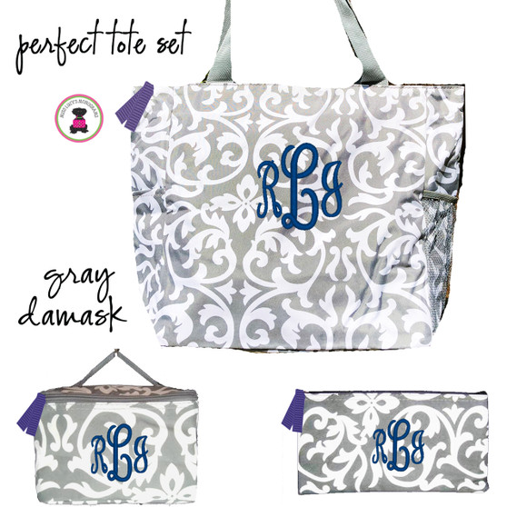 FOR HER Monogrammed Perfect Tote Travel Set - 3 Piece - Gray / White Damask-FREE SHIP/ladies' Travel Set/Gift for Her/Bridesmaid Gift/Flower Girl Gift/Dancer Gift/Grad Gift