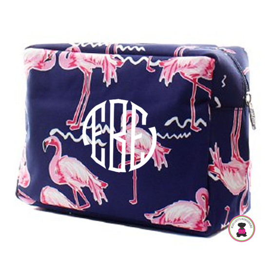 FOR HER Monogrammed Large Cosmetic Case - Flamingo in Navy/Hot Pink/White - FREE SHIP//Grad Gift/Holiday Gift/Bridesmaid Gift/Cosmetic Bag/Travel Bag/Gift for Her