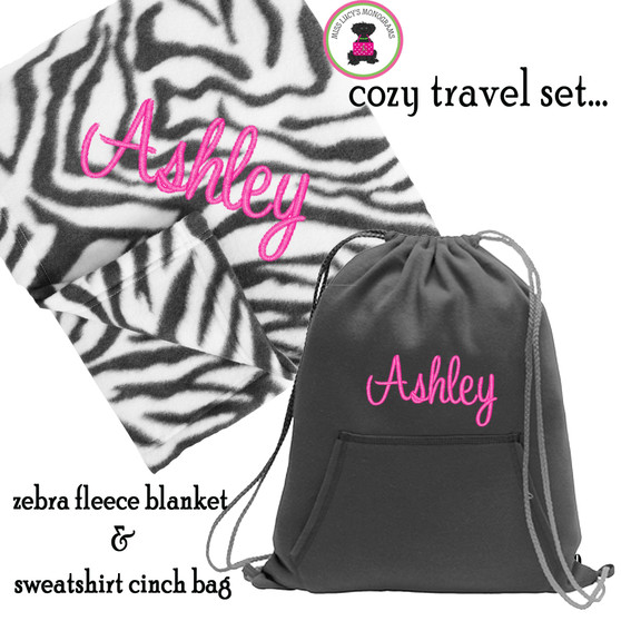FOR HER Monogrammed Cozy Travel Set-Zebra Fleece Blanket & Black Sweatshirt Cinch Bag-FREE SHIP/Snuggle/Tween Gift/Birthday/Holiday Gift for Her
